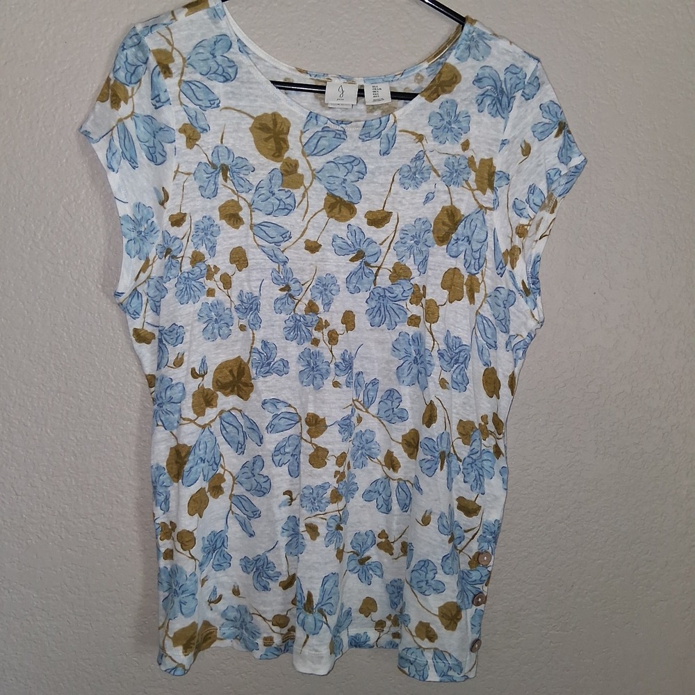 Joie Floral Linen Top Womens L White Blue Button Side Slit Boho Coastal Summer
